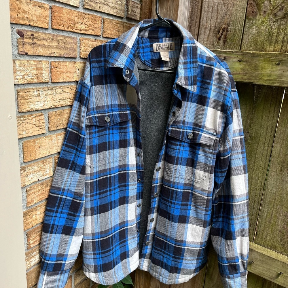 Duluth Trading Co Blue and Gray Plaid Performance Jacket